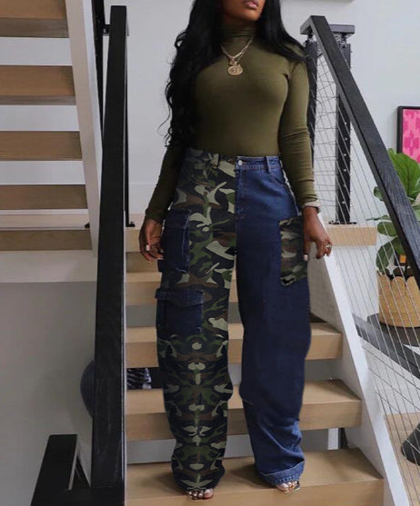 Denim Patchwork Camouflage Three-Dimensional Pocket Overalls