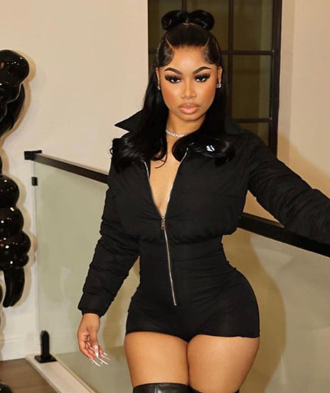 Tight Zipper Suit With Patchwork   Jumpsuit Short