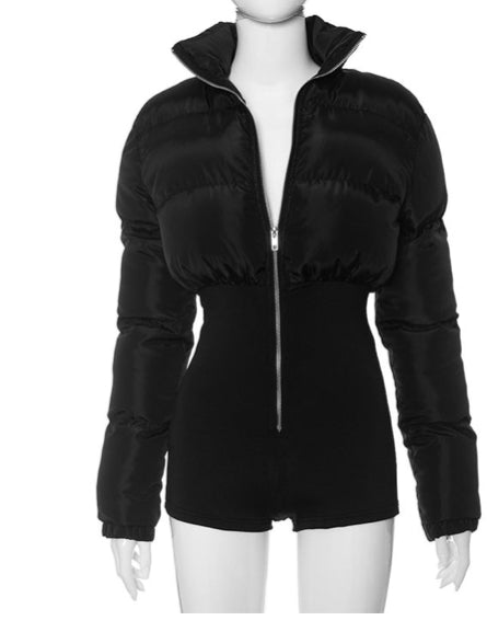 Tight Zipper Suit With Patchwork   Jumpsuit Short