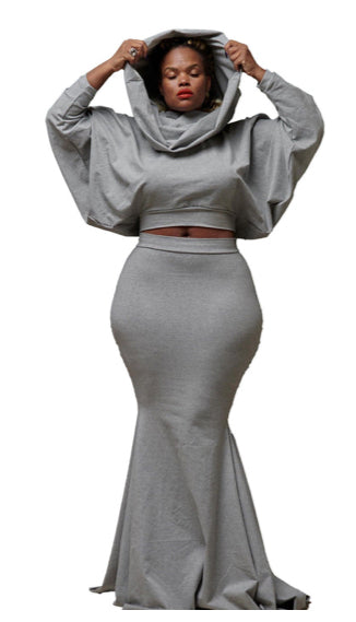 Solid color hooded fishtail skirt suit