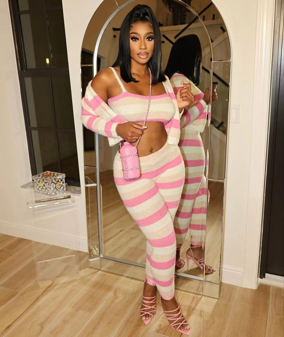 Knitted long sleeved striped slim fitting 3-piece set