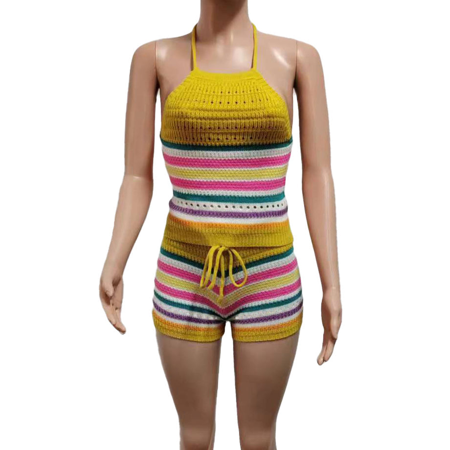 Knitted Backless Halter Top & Bottom 2PC Set