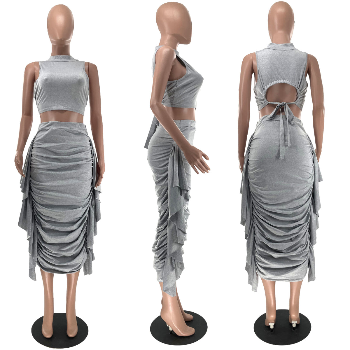 Solid Color High Waist Ruffles Navel Slim Fit Suit