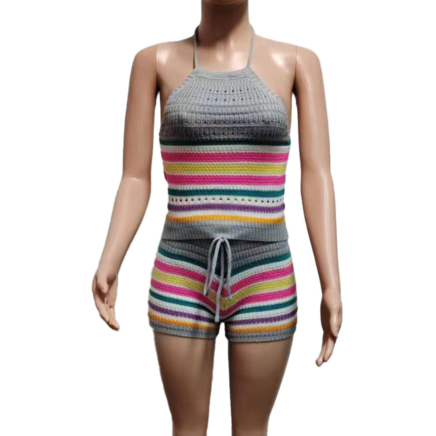 Knitted Backless Halter Top & Bottom 2PC Set