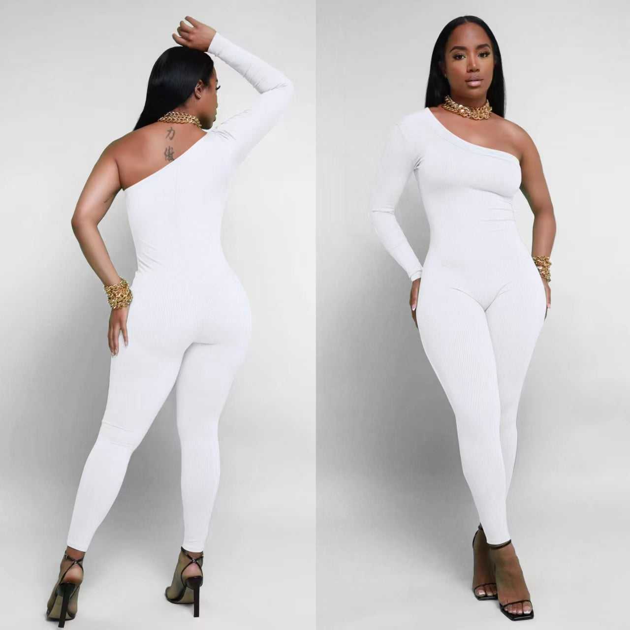 Pit Striped Oblique Shoulder Slim Fit Solid Color Jumpsuit