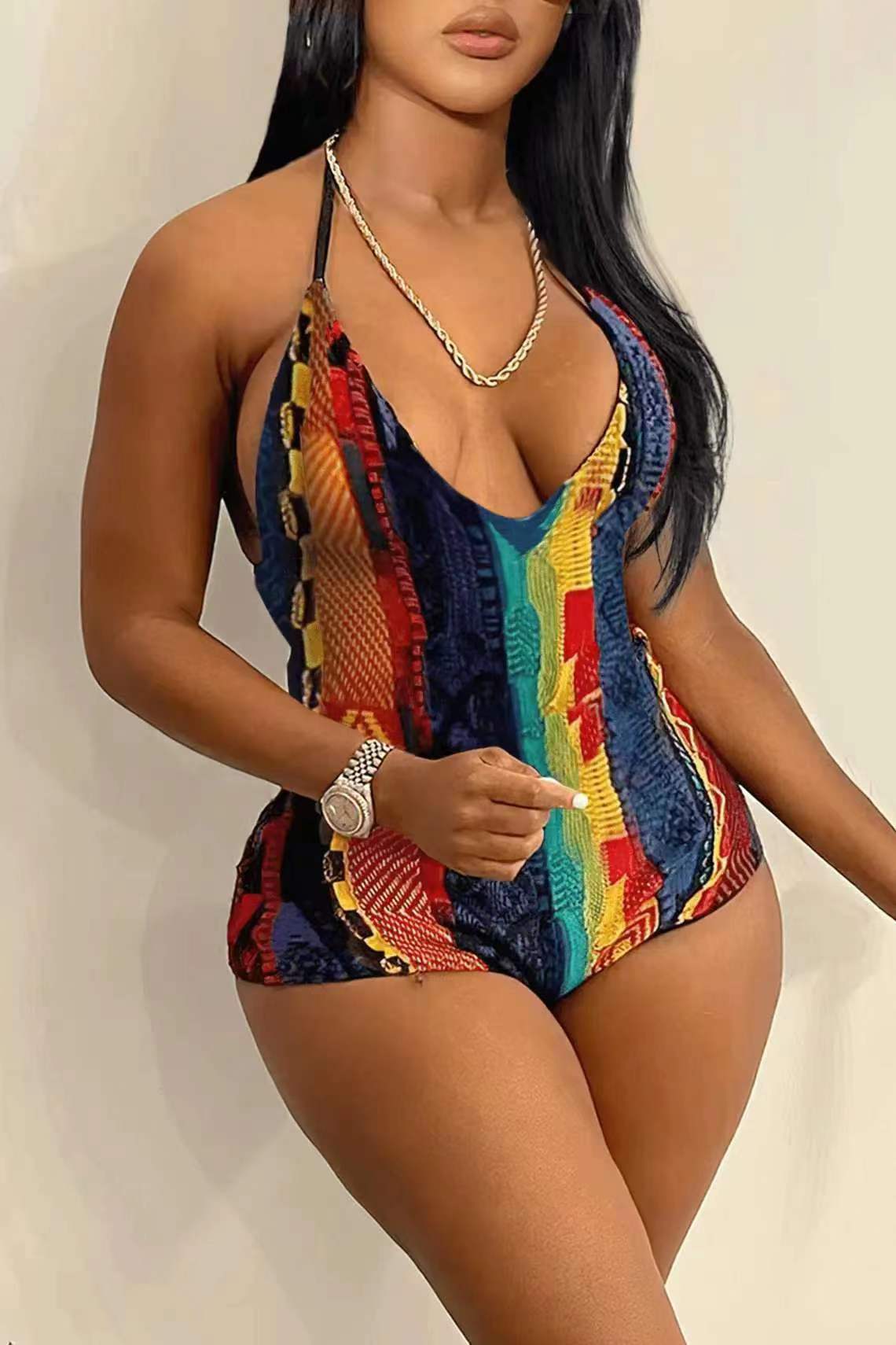 Abstract Printing Oblique Shoulder Jumpsuit
