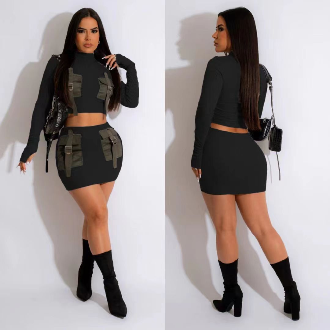 Patchwork Pocket Hip Skirt 2pc Set