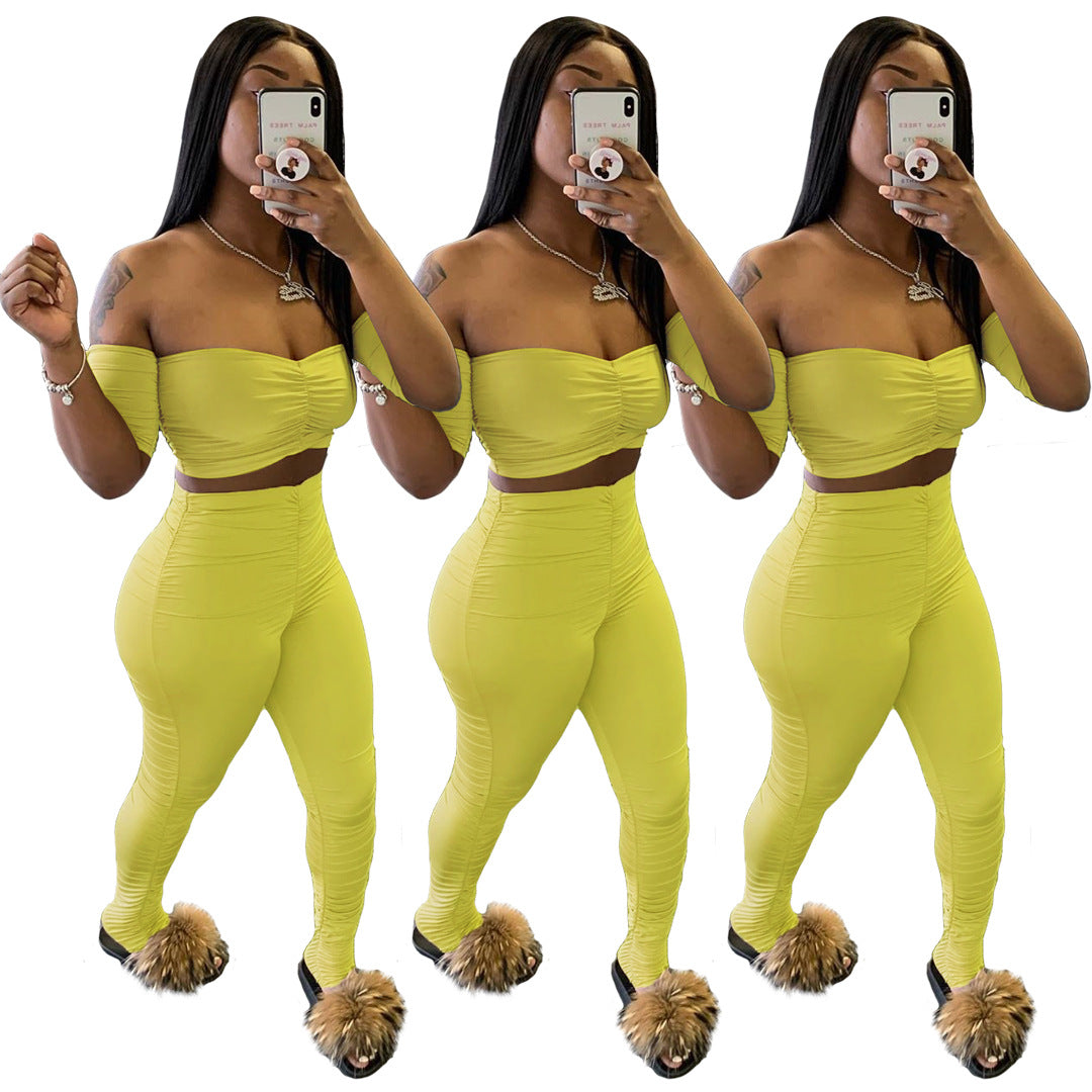 Sexy Off-the-shoulders Navel Pleated 2pc set