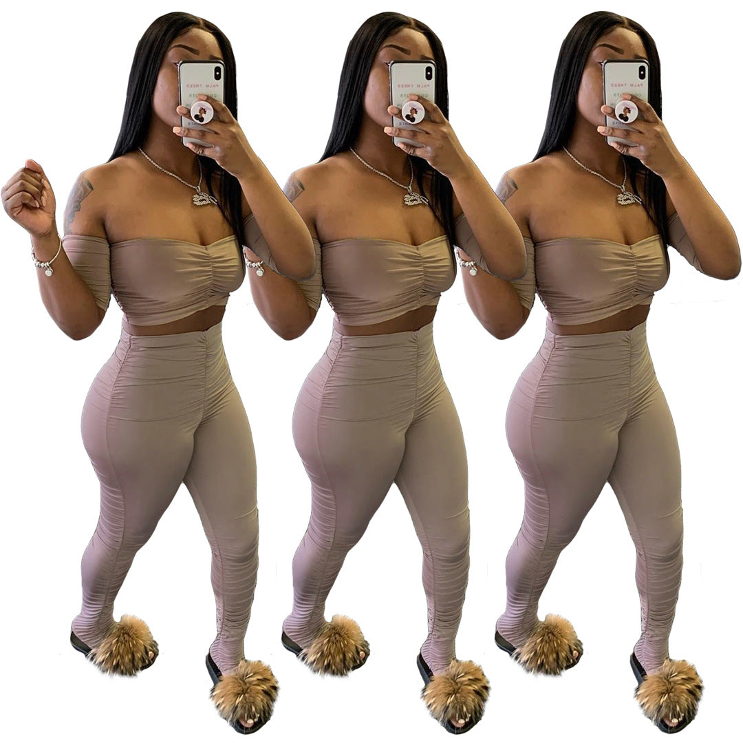 Sexy Off-the-shoulders Navel Pleated 2pc set