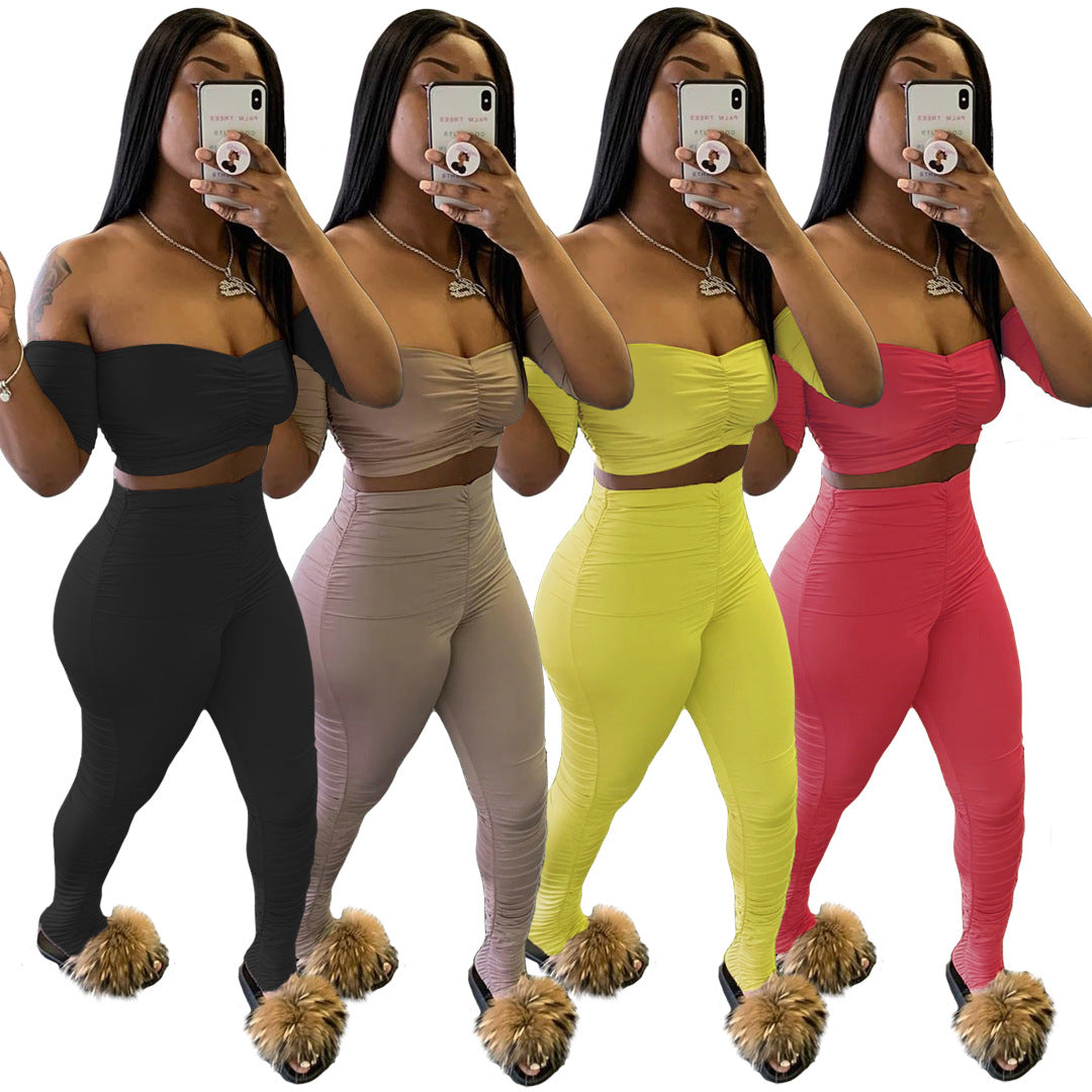 Sexy Off-the-shoulders Navel Pleated 2pc set