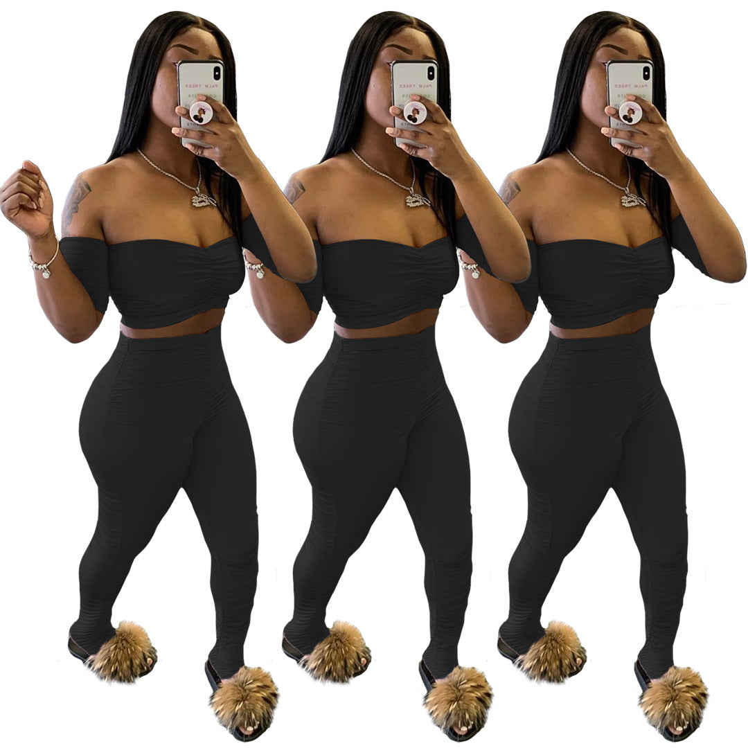 Sexy Off-the-shoulders Navel Pleated 2pc set