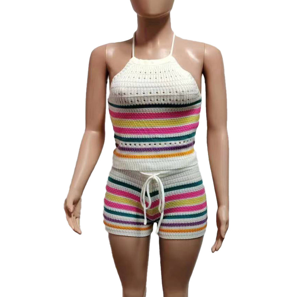 Knitted Backless Halter Top & Bottom 2PC Set