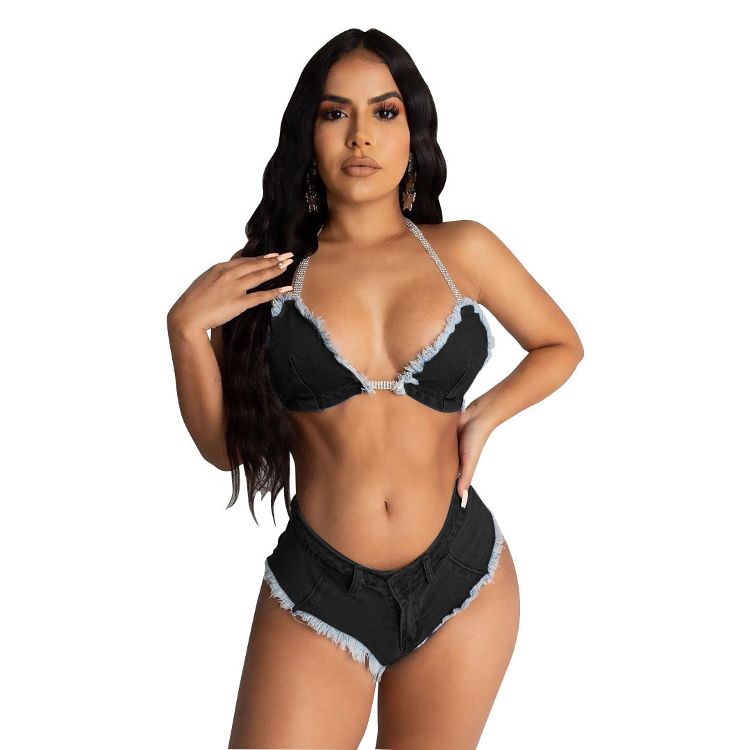 Bikini Tassel Tether Denim 2PC Suit