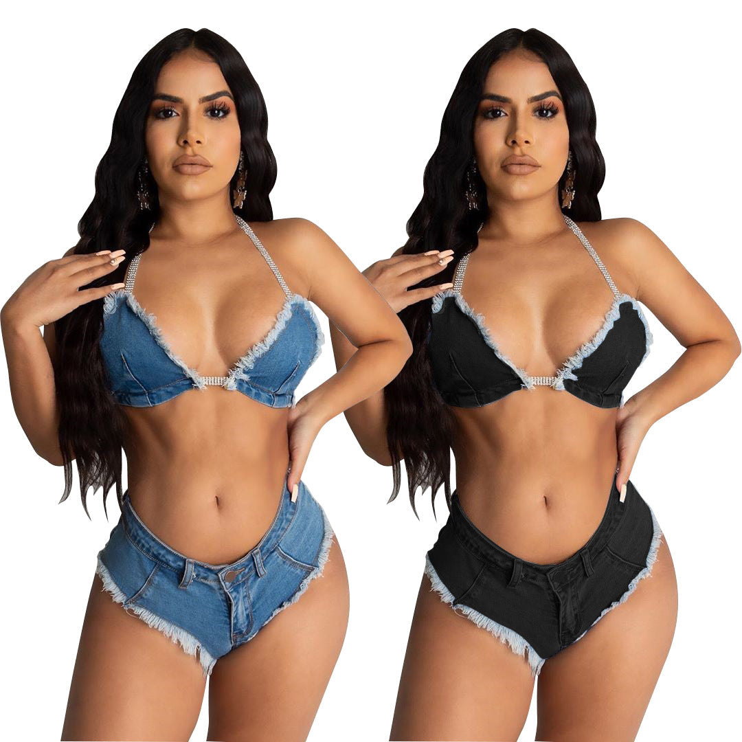Bikini Tassel Tether Denim 2PC Suit