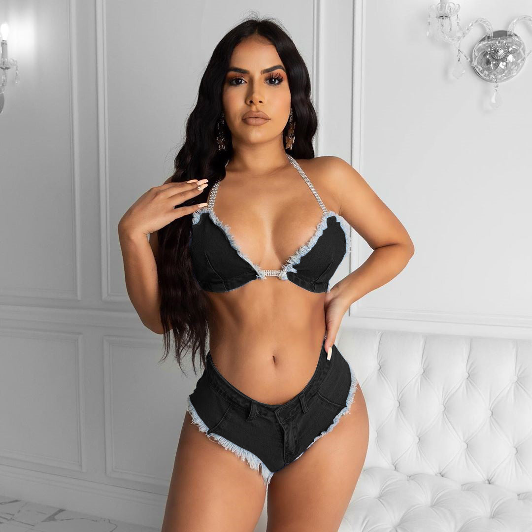 Bikini Tassel Tether Denim 2PC Suit