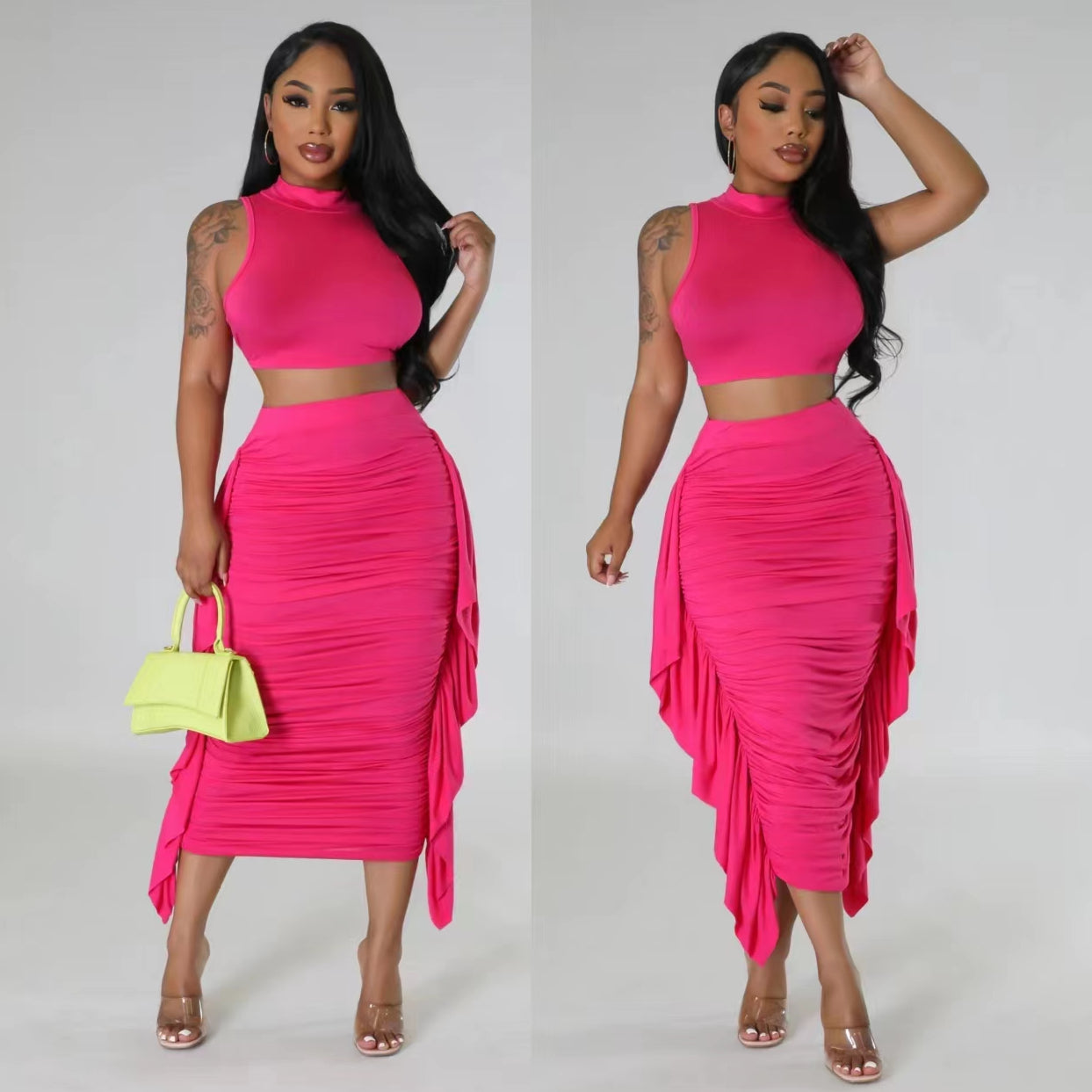 Solid Color High Waist Ruffles Navel Slim Fit Suit