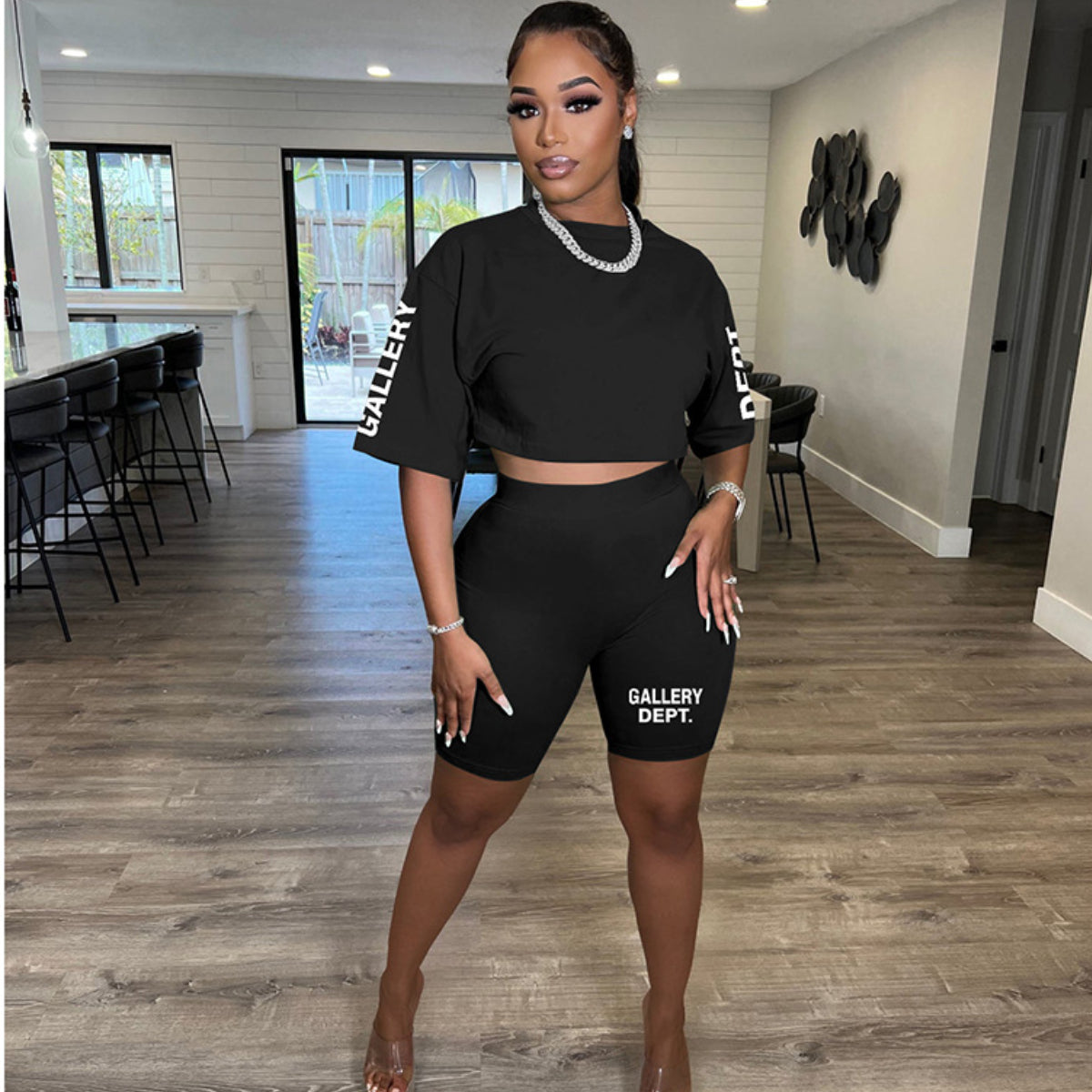 Letter Printed Short-Sleeve Shorts Set