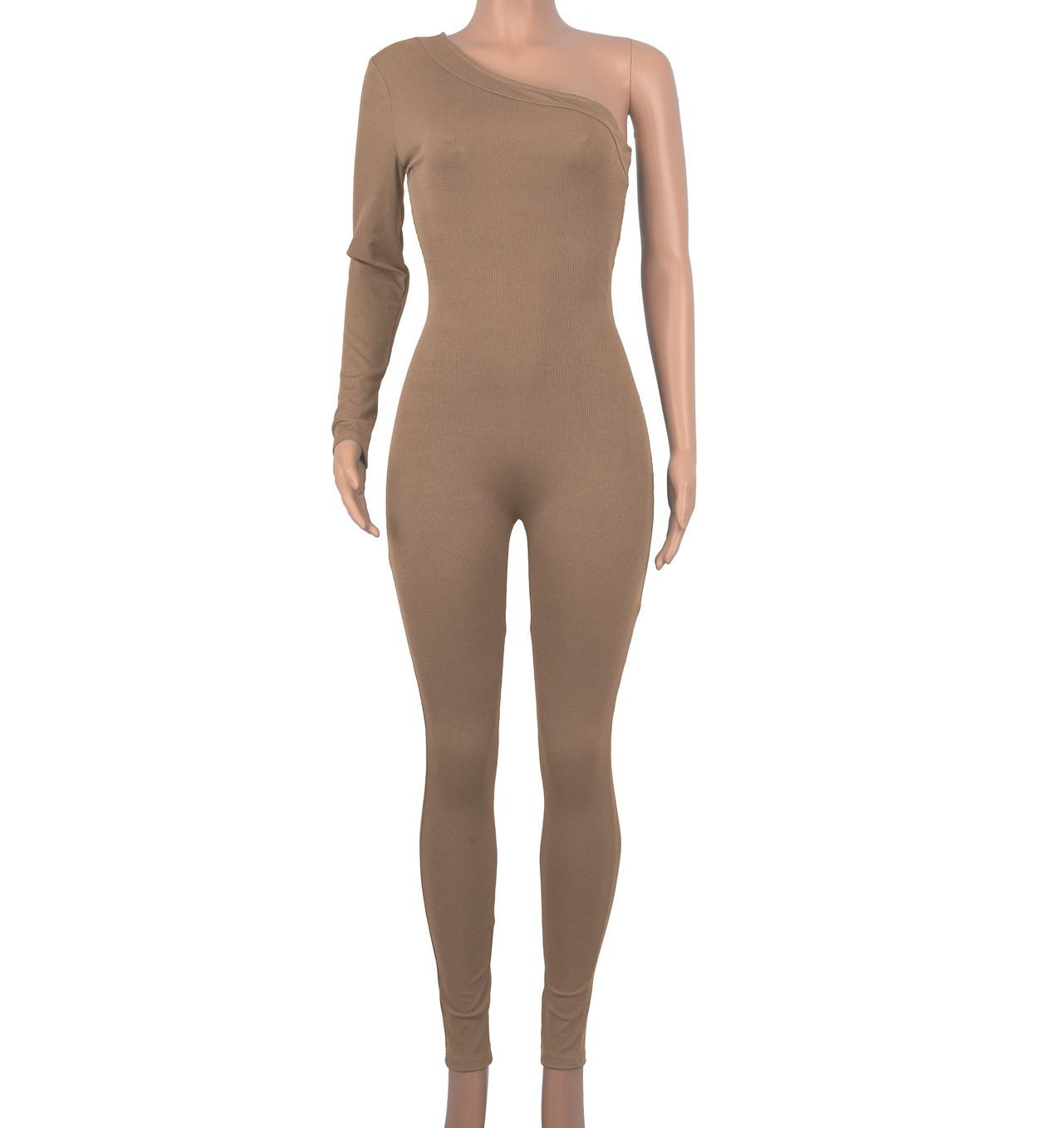 Pit Striped Oblique Shoulder Slim Fit Solid Color Jumpsuit
