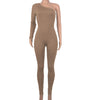 Pit Striped Oblique Shoulder Slim Fit Solid Color Jumpsuit
