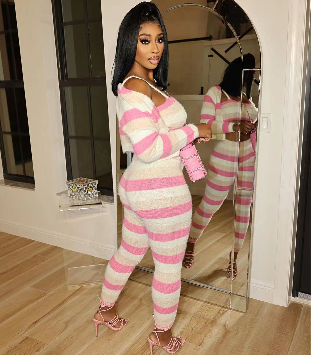 Knitted long sleeved striped slim fitting 3-piece set