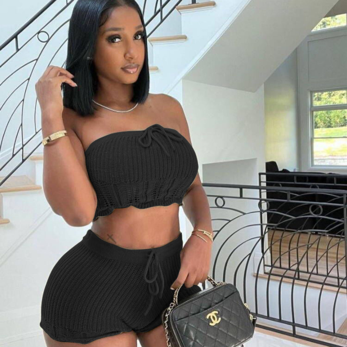 Casual Knitted Tube Top Shorts Two-Piece Set