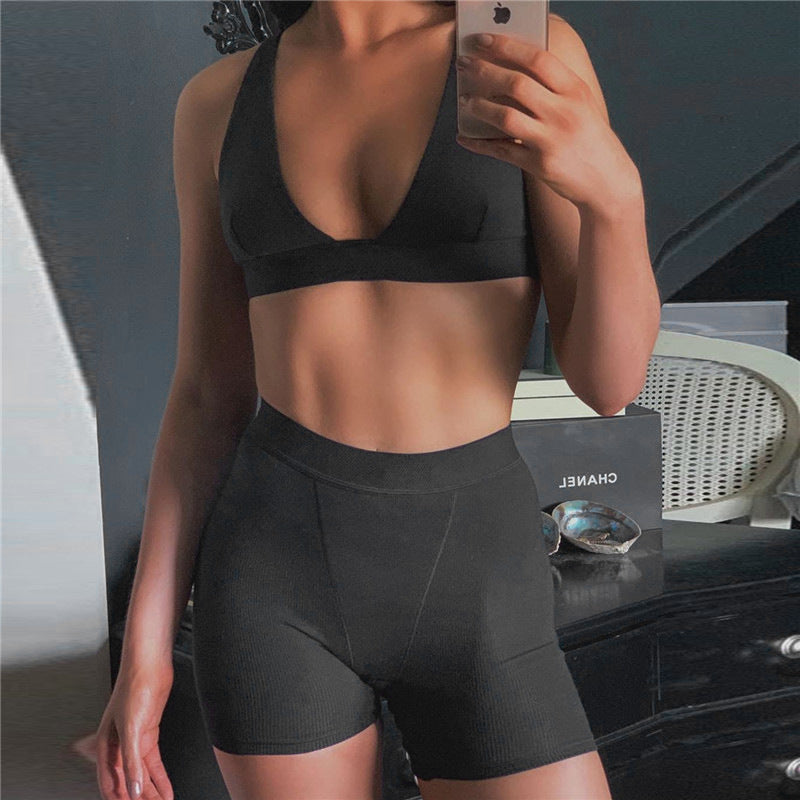 Sports V-neck Cropped Pants Yoga 2PC Set