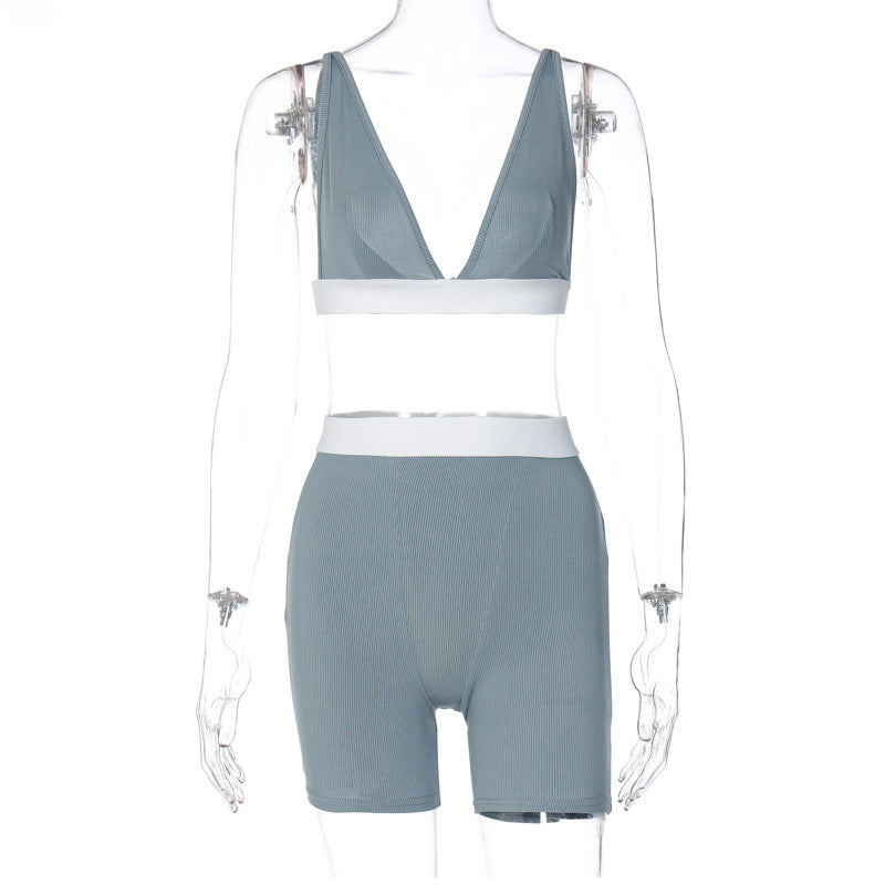 Sports V-neck Cropped Pants Yoga 2PC Set
