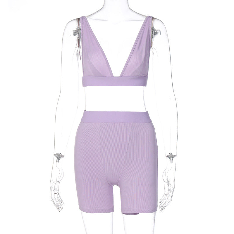 Sports V-neck Cropped Pants Yoga 2PC Set