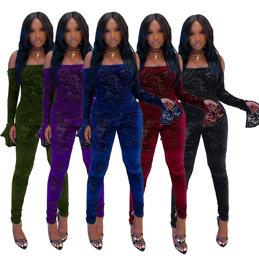 Mesh flocked shoulder jumpsuit