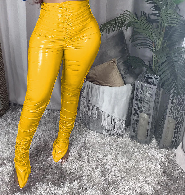 Crimp Slit Fleece-Lined PU Leather Pile Pants
