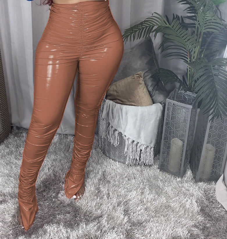 Crimp Slit Fleece-Lined PU Leather Pile Pants
