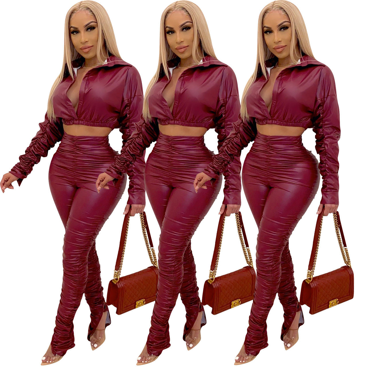 Solid color PU pleated 2PC set