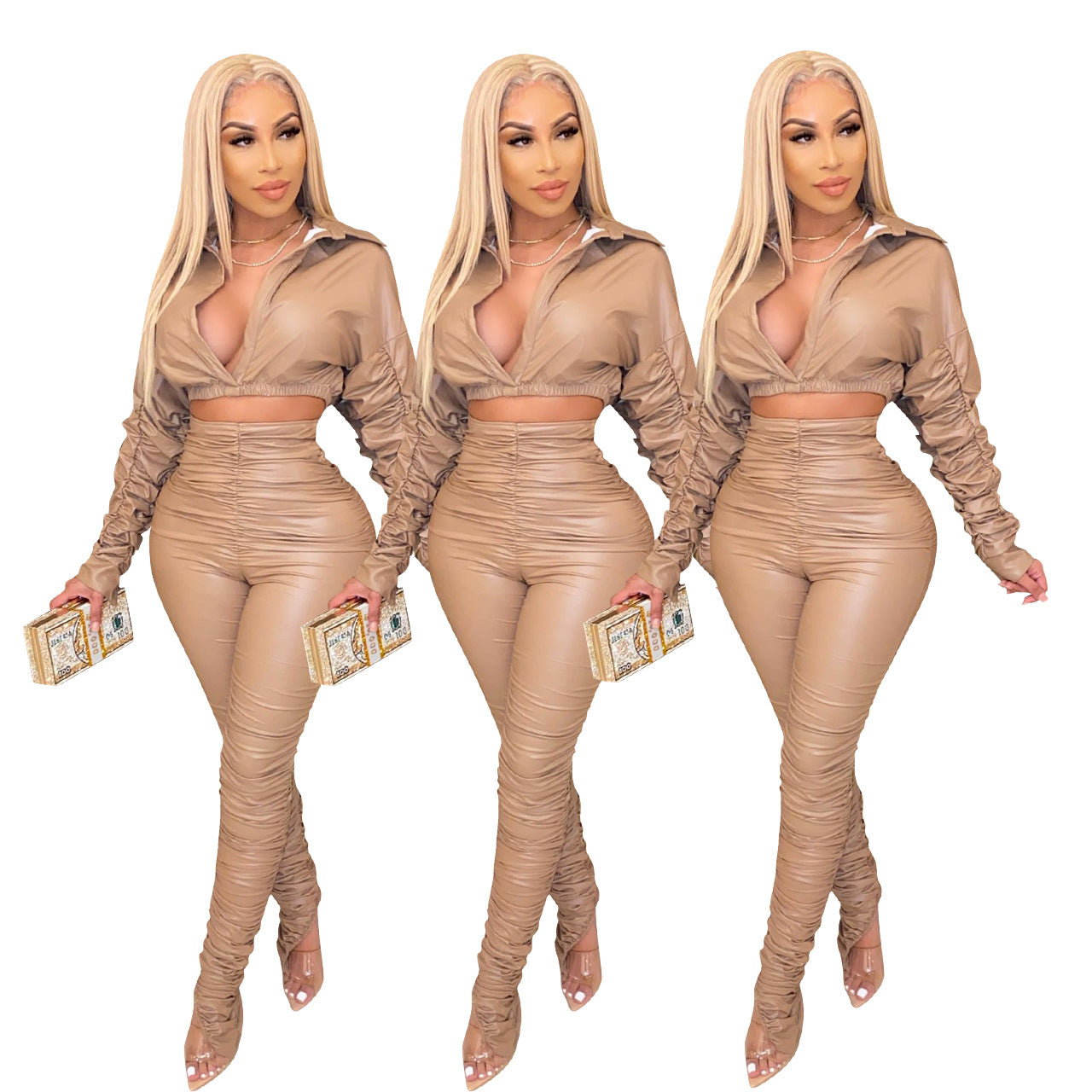 Solid color PU pleated 2PC set