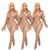 Solid color PU pleated 2PC set