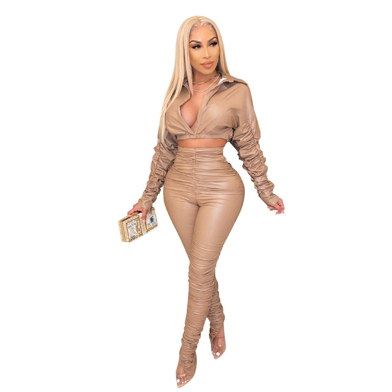 Solid color PU pleated 2PC set