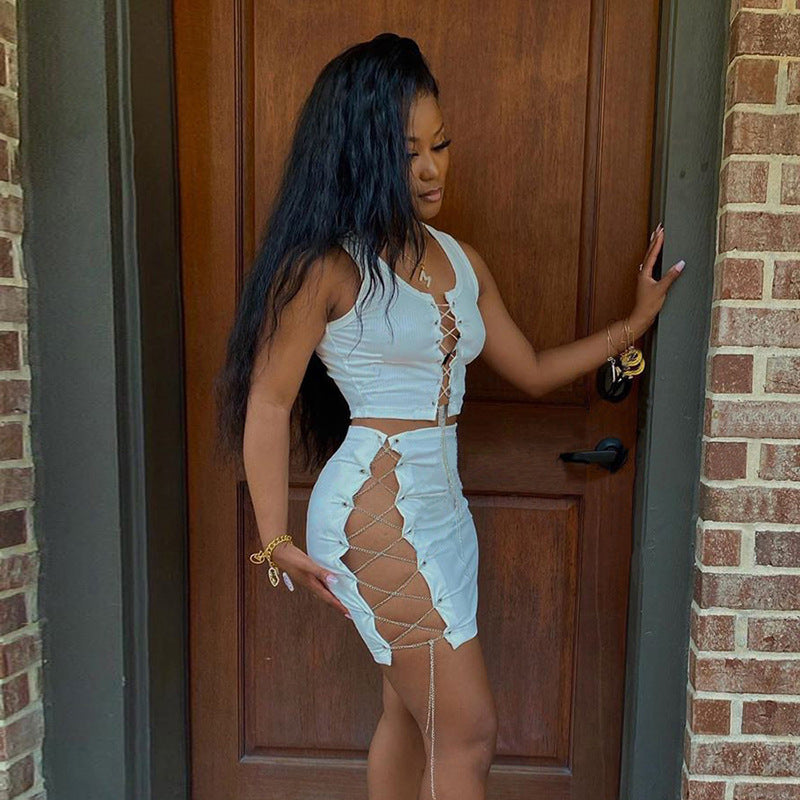 Chain Sexy Lace-up Cropped Tank Top Short Skirt 2PC set