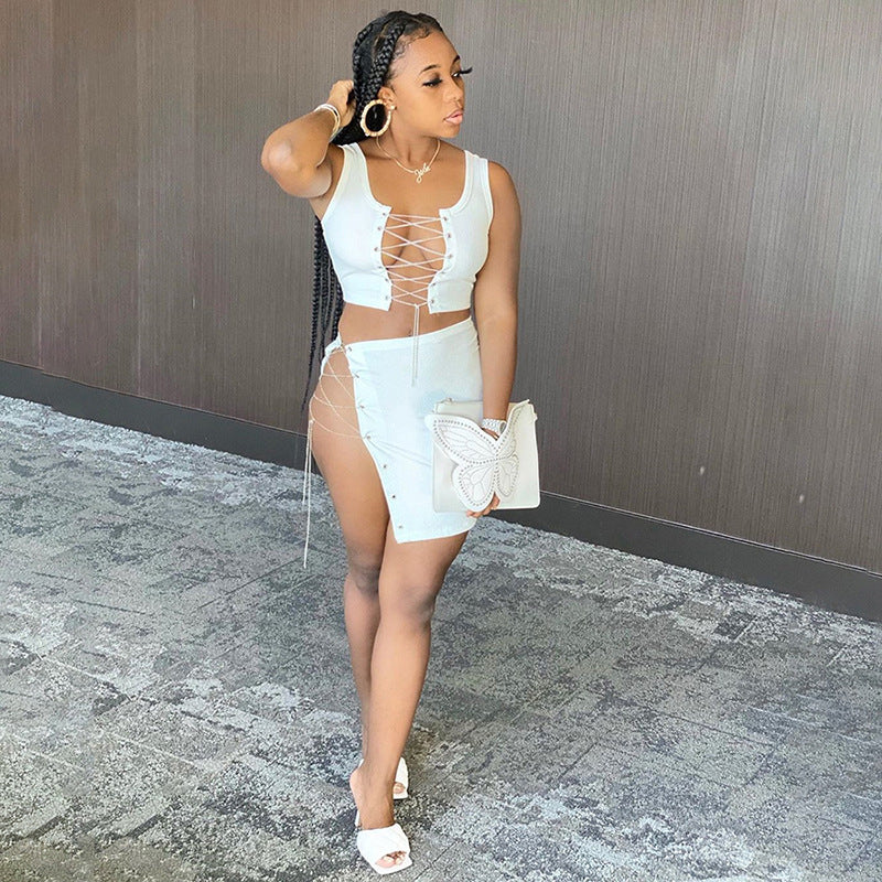 Chain Sexy Lace-up Cropped Tank Top Short Skirt 2PC set