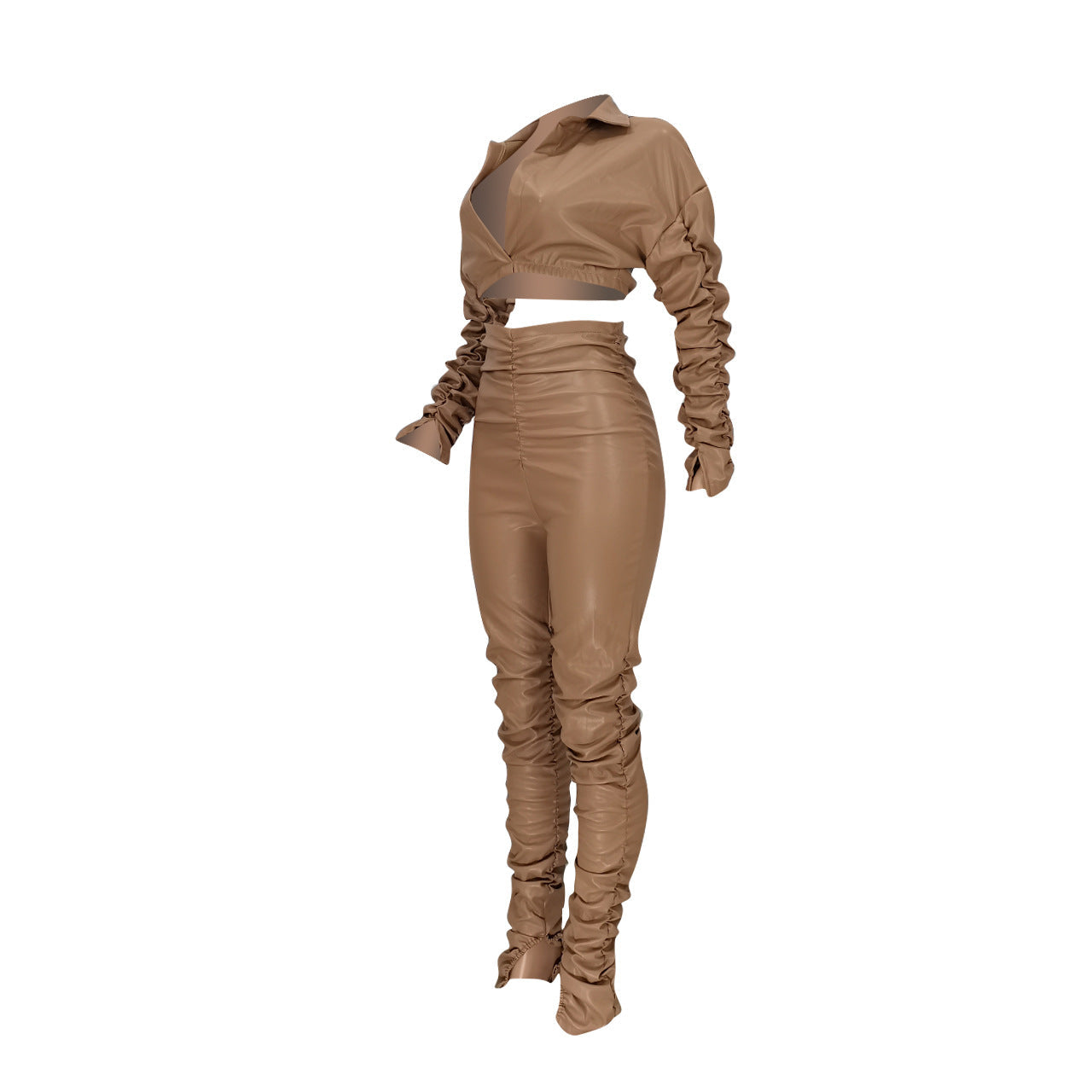 Solid color PU pleated 2PC set