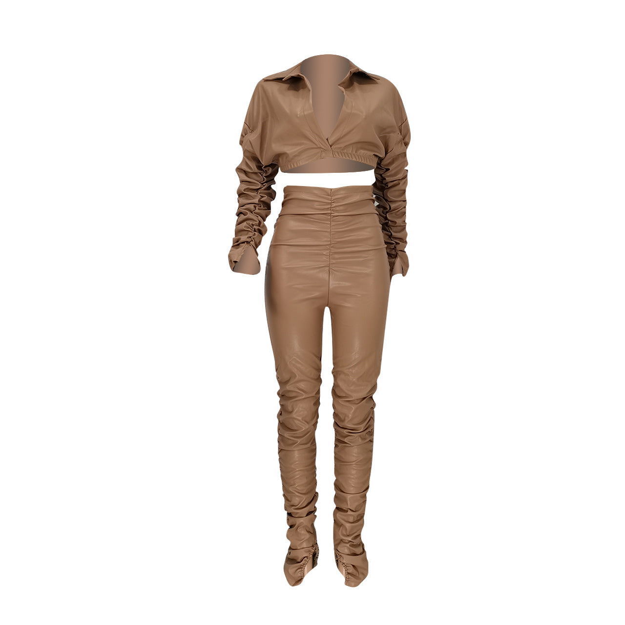 Solid color PU pleated 2PC set