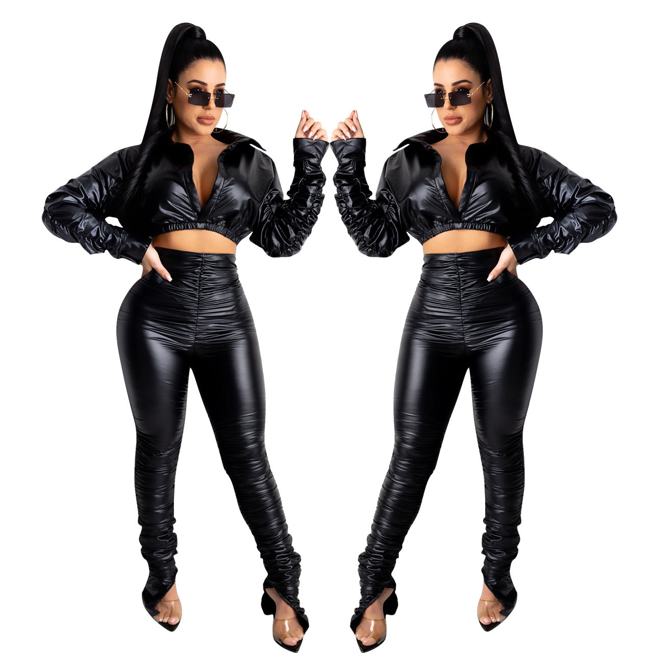 Solid color PU pleated 2PC set