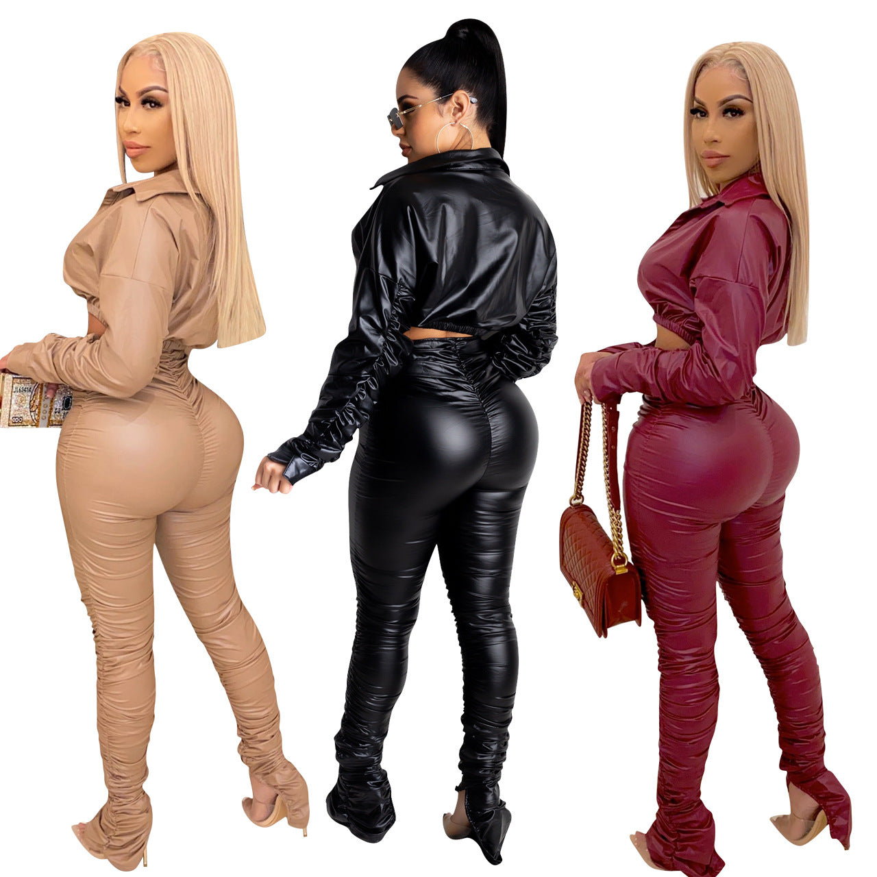 Solid color PU pleated 2PC set