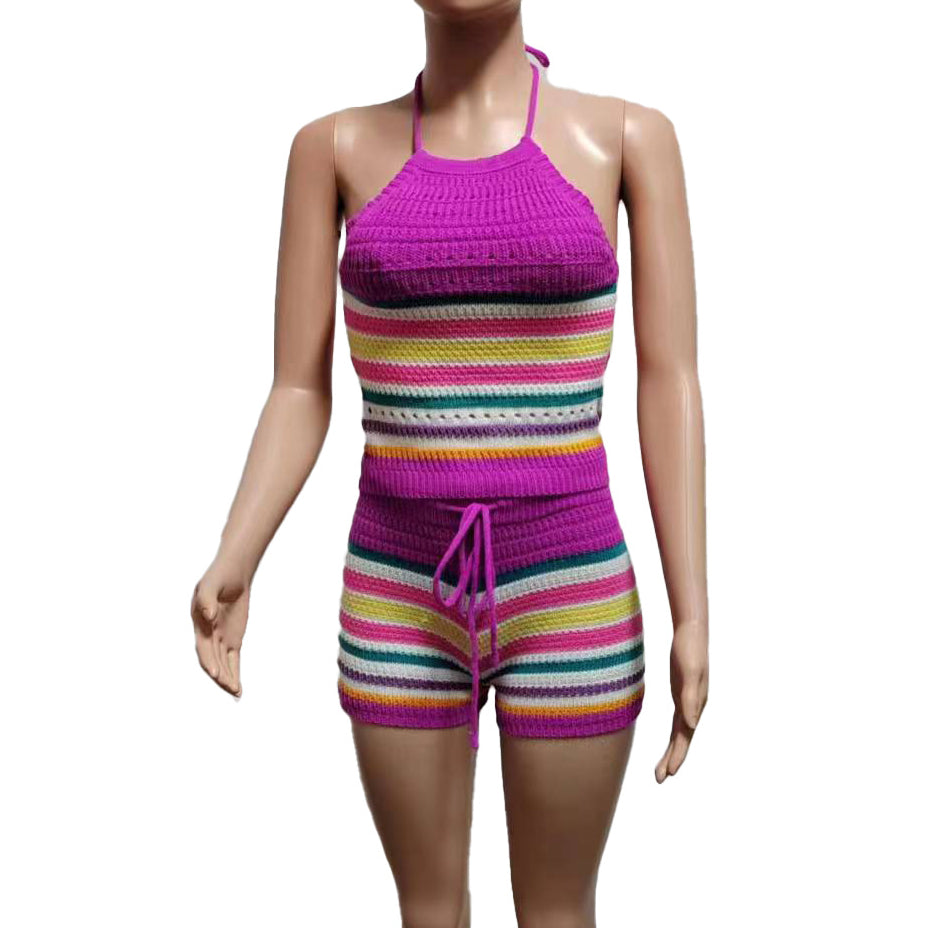 Knitted Backless Halter Top & Bottom 2PC Set