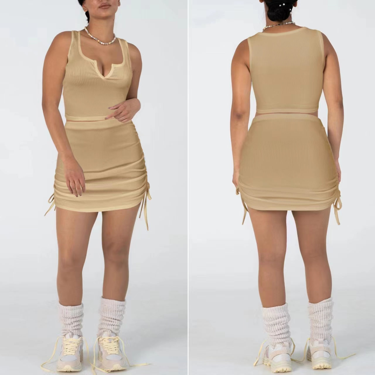 Sleeveless Vest Drawstring Ruffle Skirt Outfit