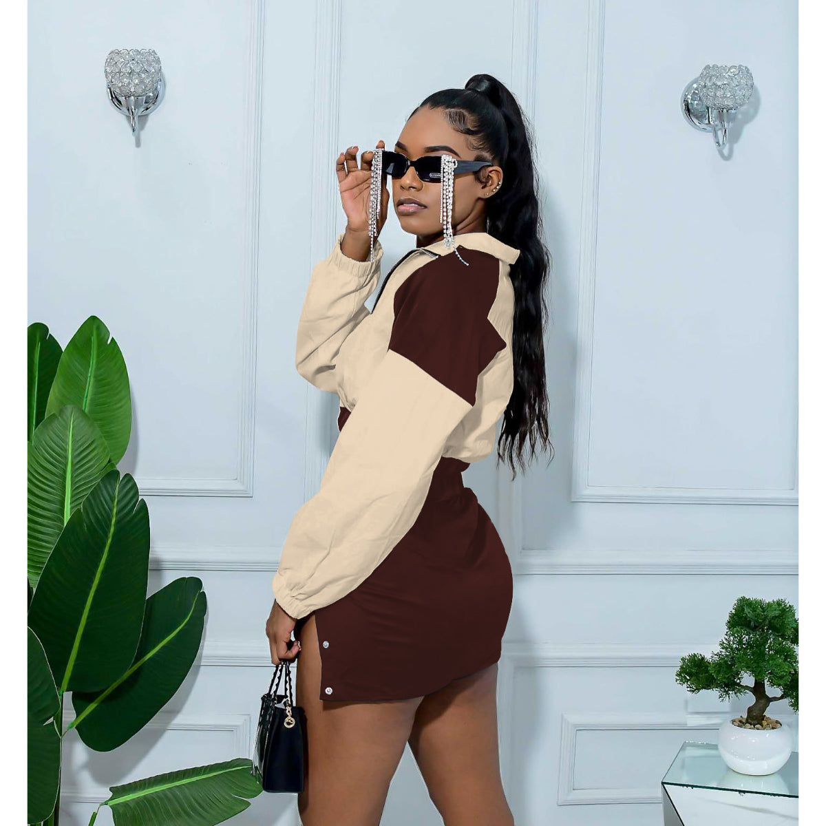 Split color-block long sleeve short skirt set stretch two-piece