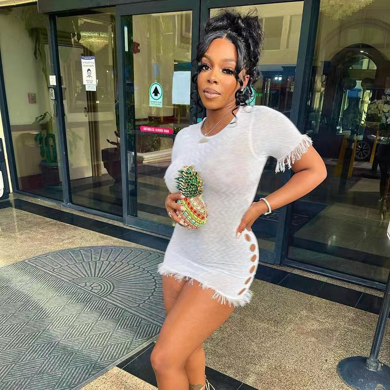 See-through Tassel Short Sleeve Sheath Dress