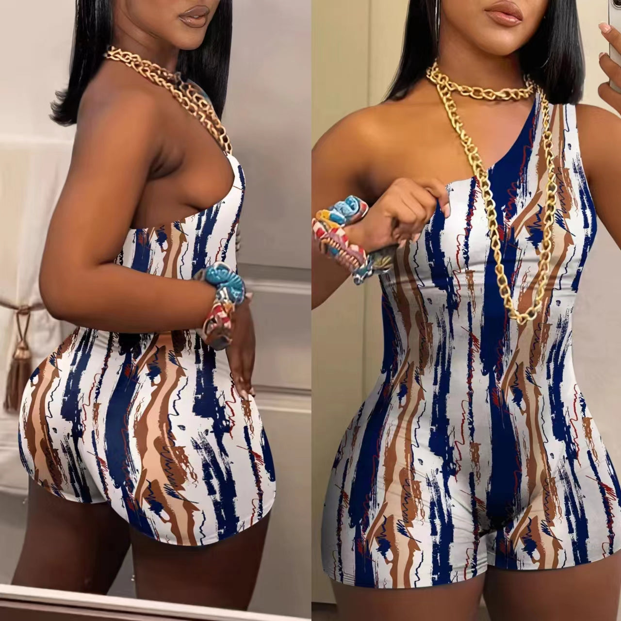 Abstract Printing Oblique Shoulder Jumpsuit