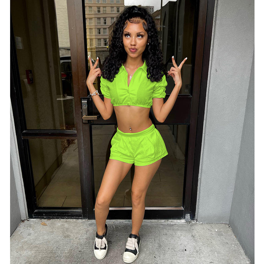 Solid Color Oversleeves Shirt and Shorts Suit