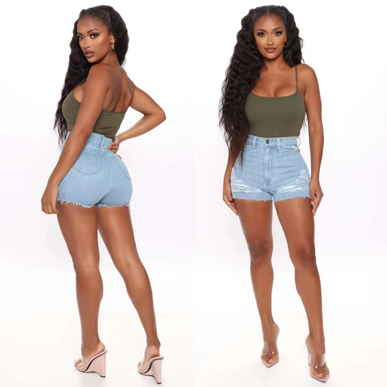 High Waist Elastic Ripped Jeans