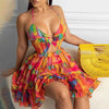 Printed Hollow-out Halter V-neck Cake Dress