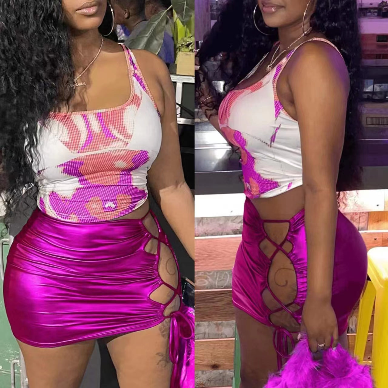 Lace-up Cutout Short Skirt 2PC Set